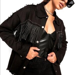 Zara Rhinestone Fringe Black Denim Jacket - Size XS